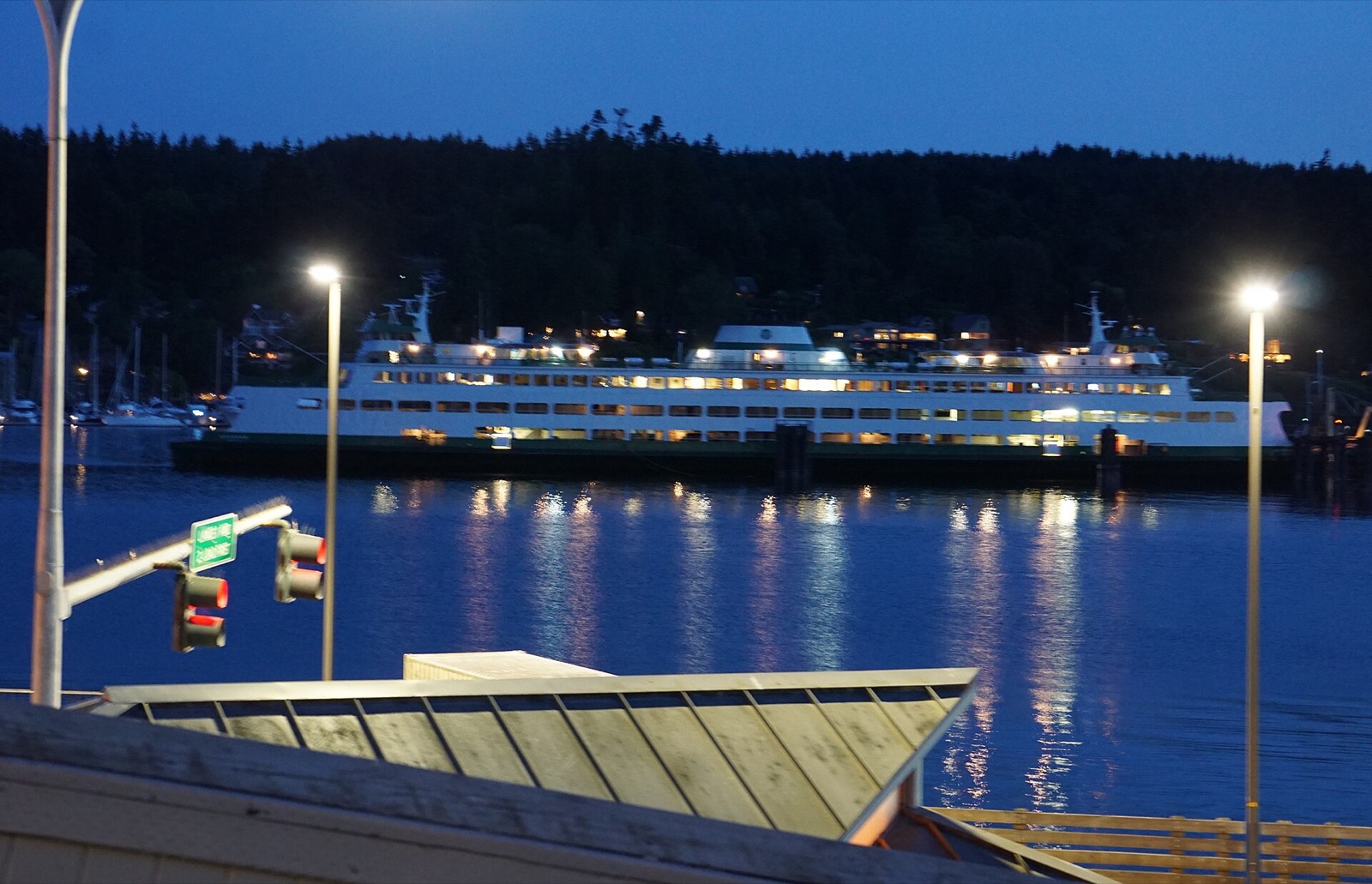 A Washington State ferry at the Bainbridge Island terminal at dusk
