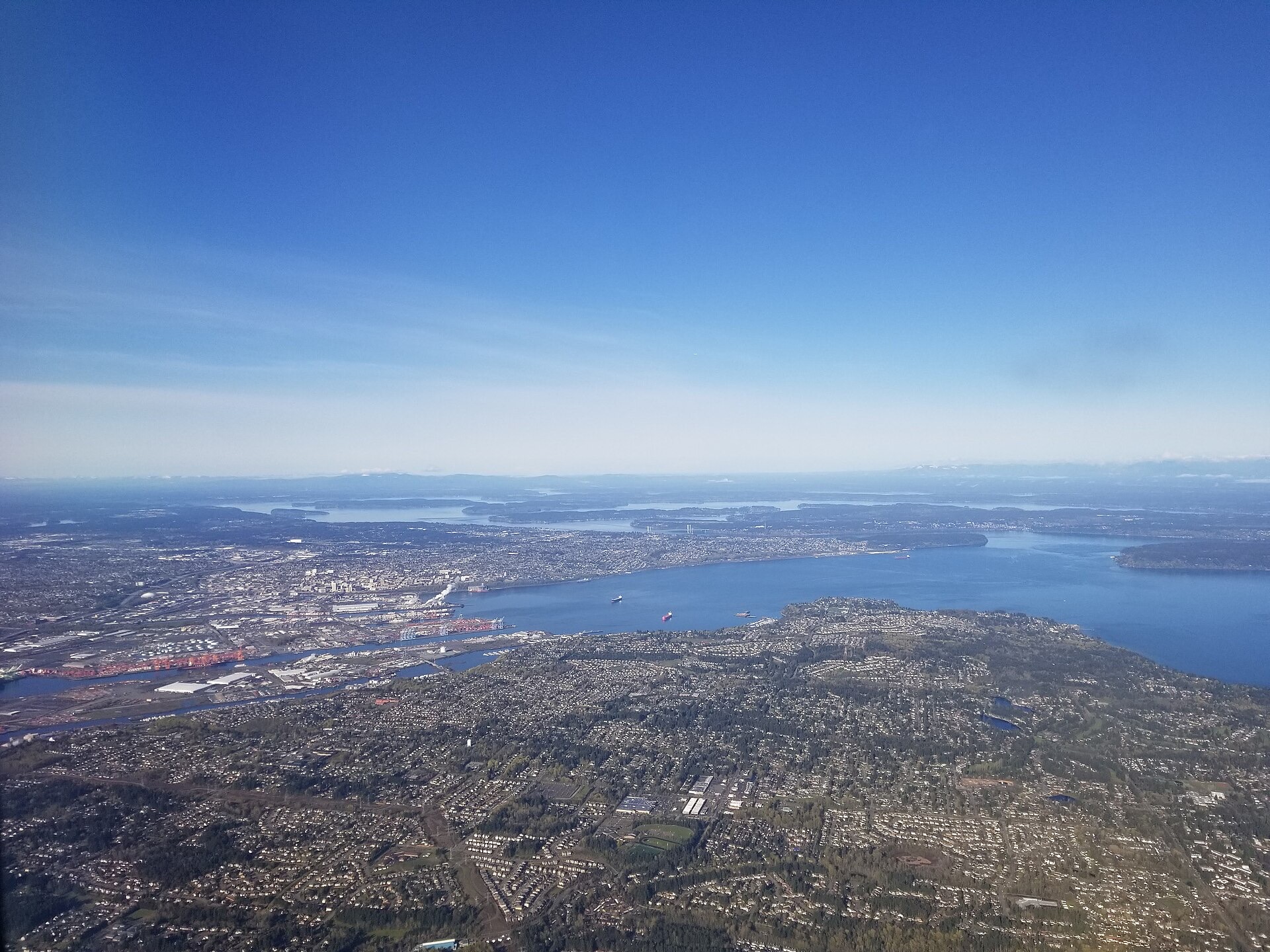 Tacoma and Commencement Bay from the air, with Puget Sound beyond