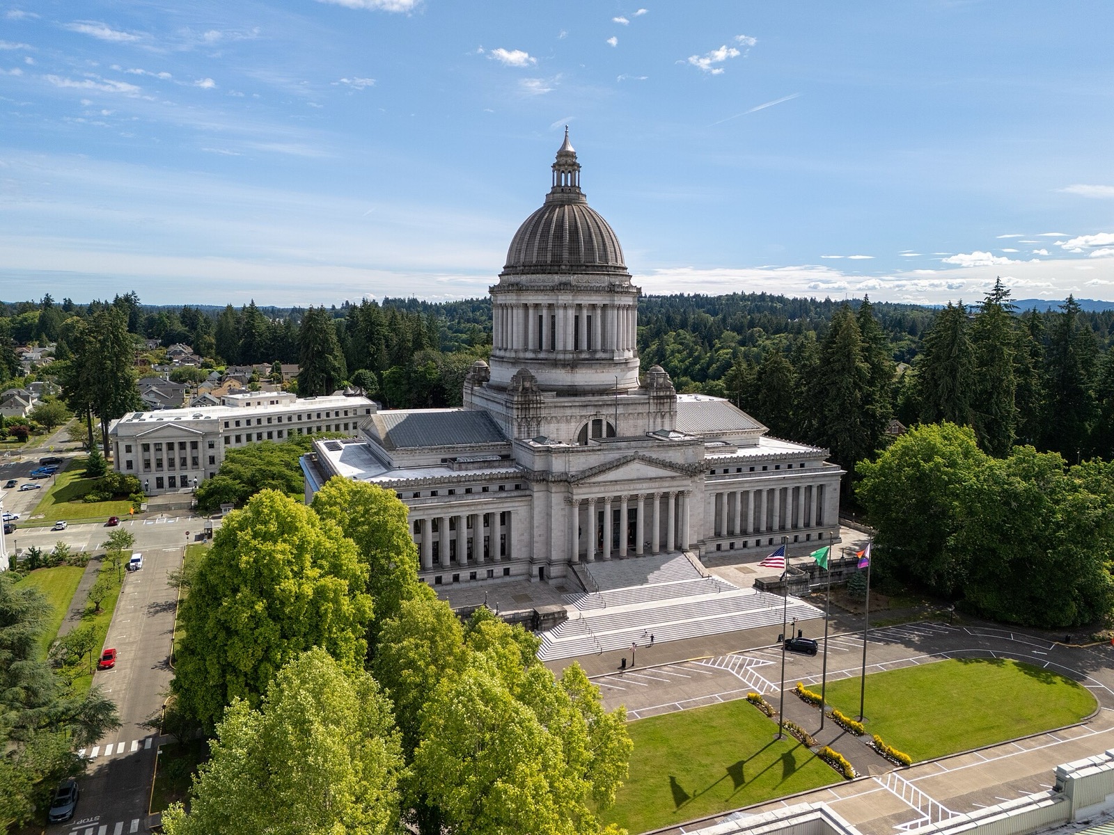The Washington State Capitol in Olympia from the air in summer
